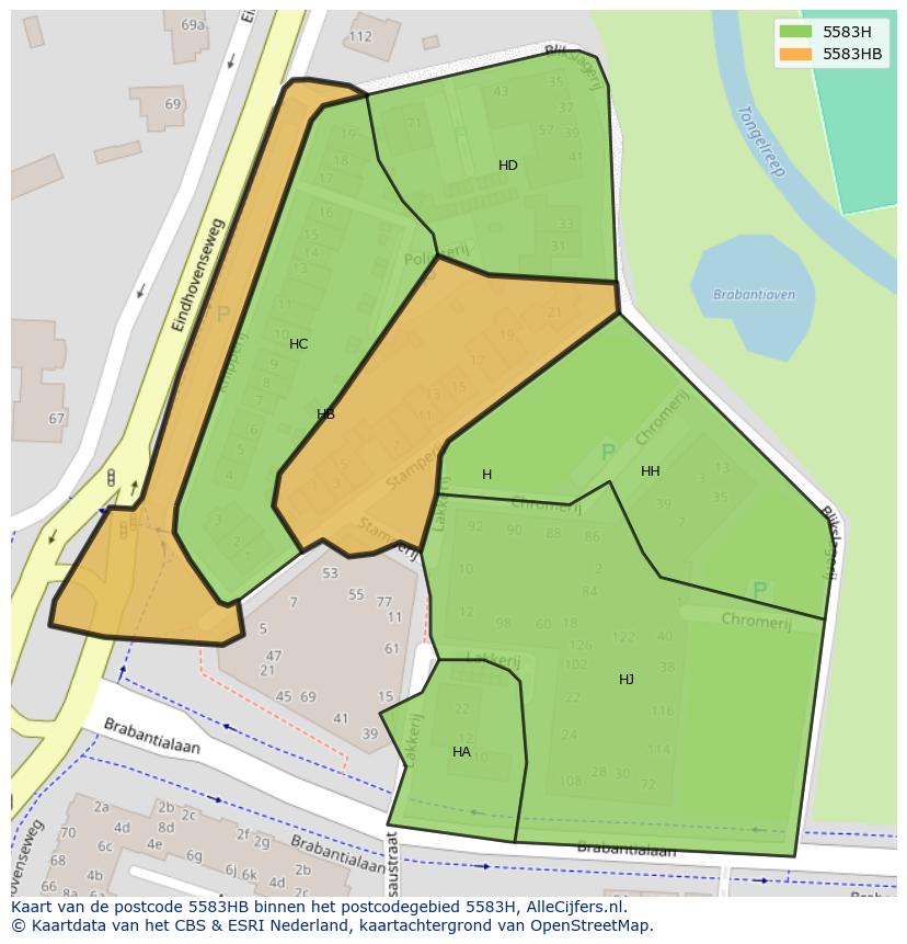 Afbeelding van het postcodegebied 5583 HB op de kaart.