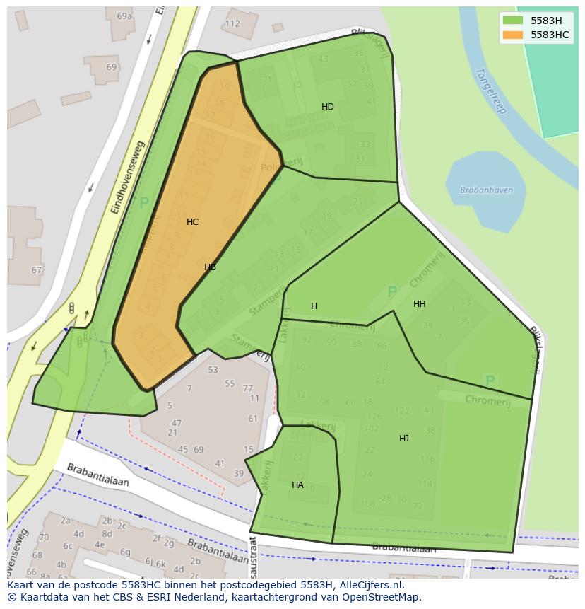 Afbeelding van het postcodegebied 5583 HC op de kaart.