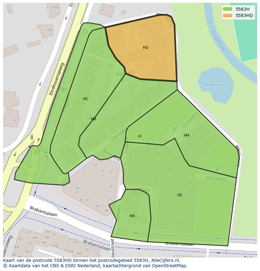Afbeelding van het postcodegebied 5583 HD op de kaart.