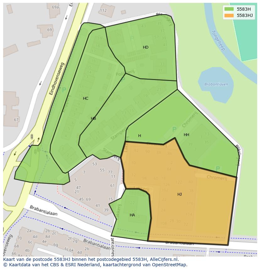 Afbeelding van het postcodegebied 5583 HJ op de kaart.