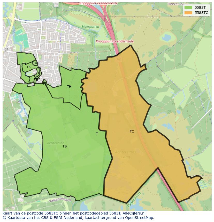 Afbeelding van het postcodegebied 5583 TC op de kaart.