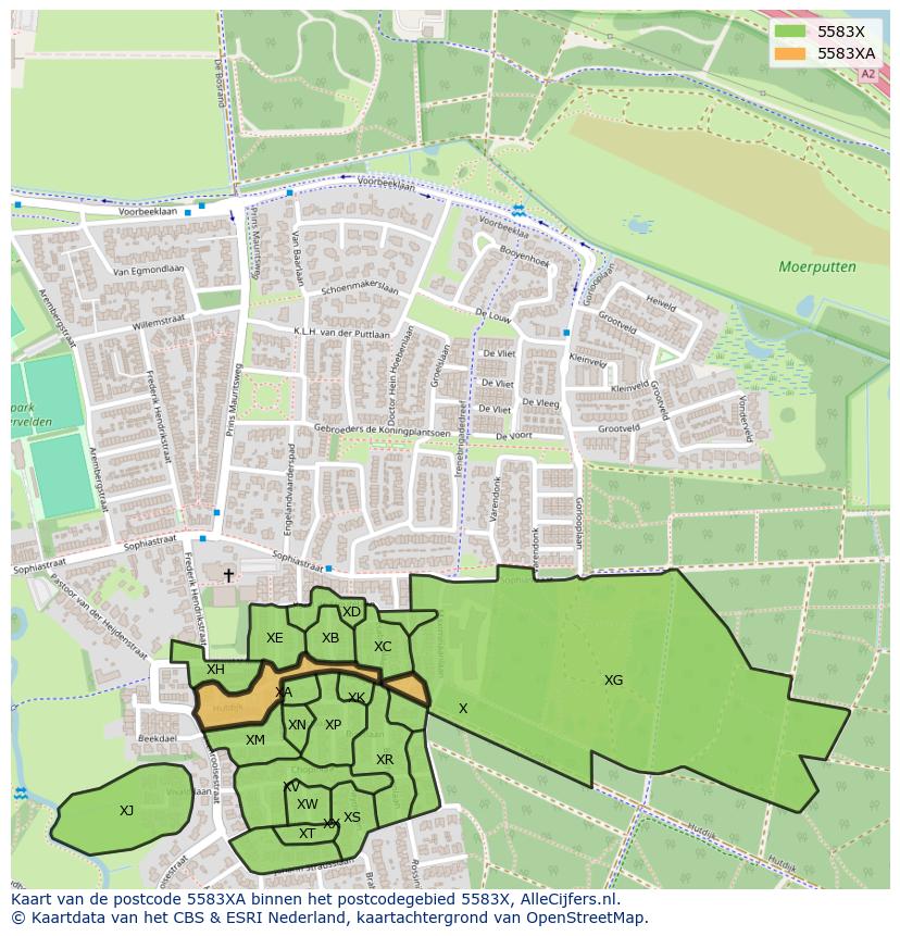 Afbeelding van het postcodegebied 5583 XA op de kaart.