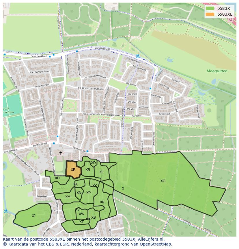 Afbeelding van het postcodegebied 5583 XE op de kaart.
