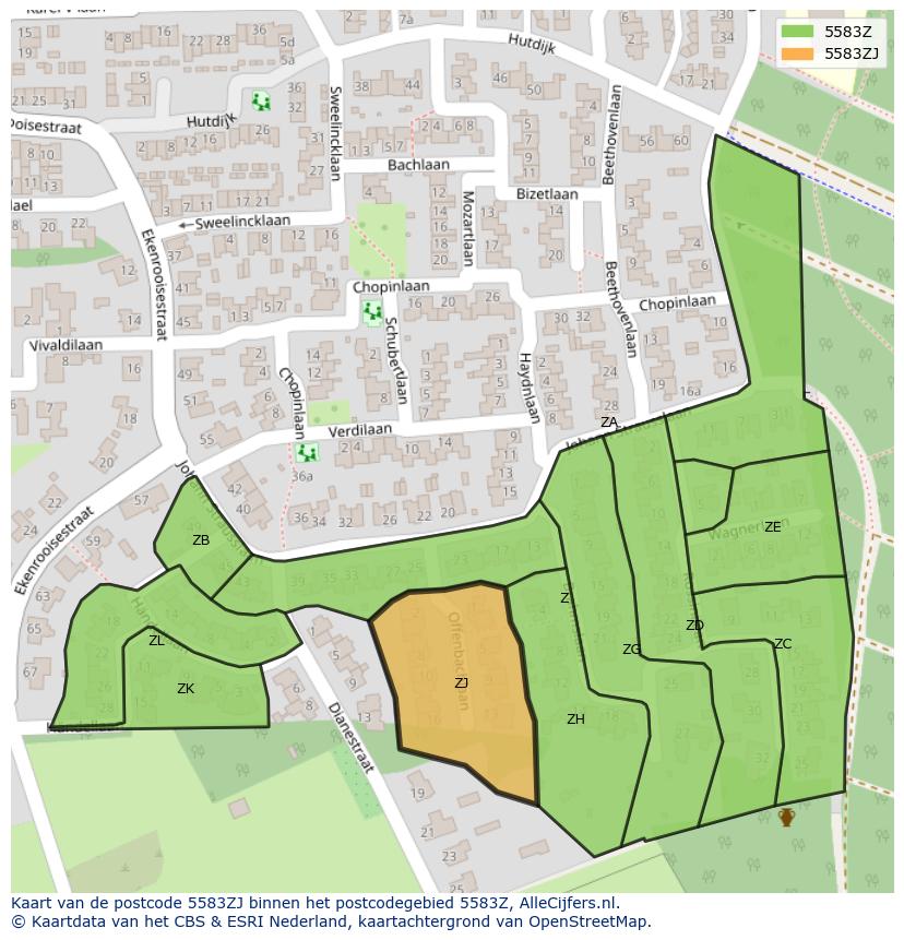 Afbeelding van het postcodegebied 5583 ZJ op de kaart.
