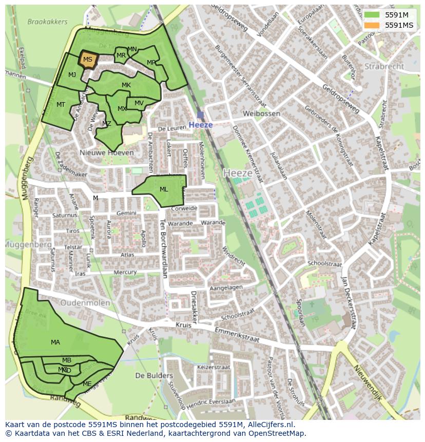Afbeelding van het postcodegebied 5591 MS op de kaart.