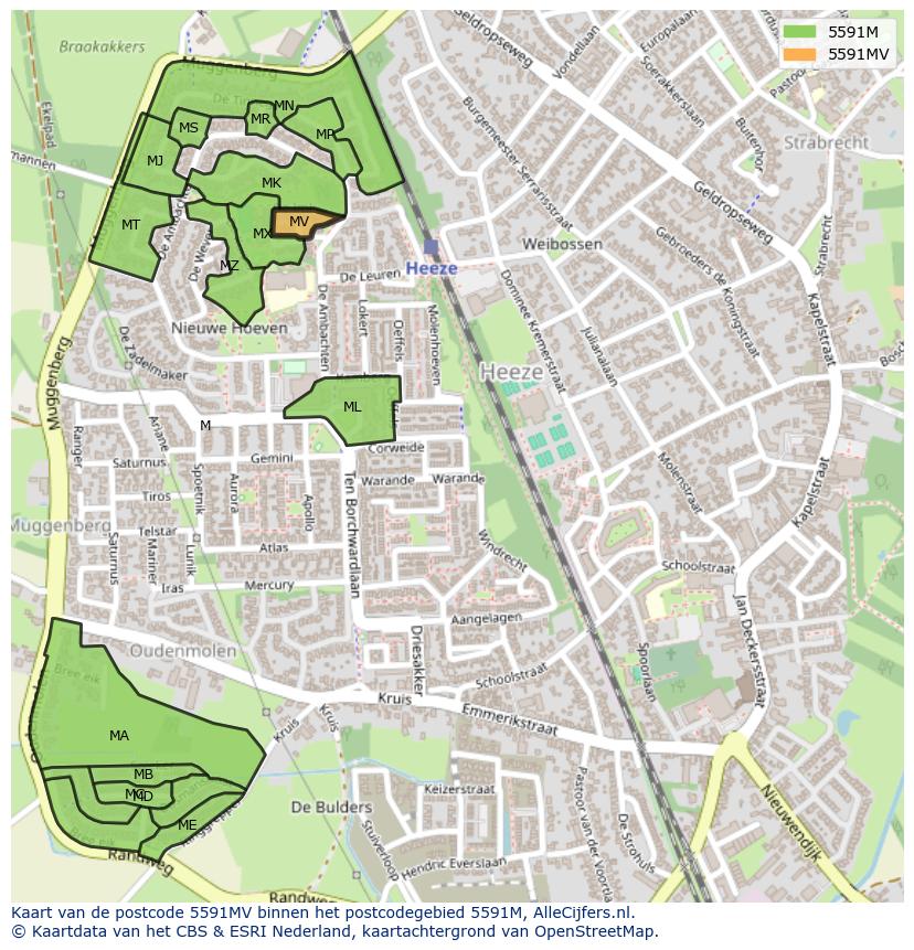 Afbeelding van het postcodegebied 5591 MV op de kaart.