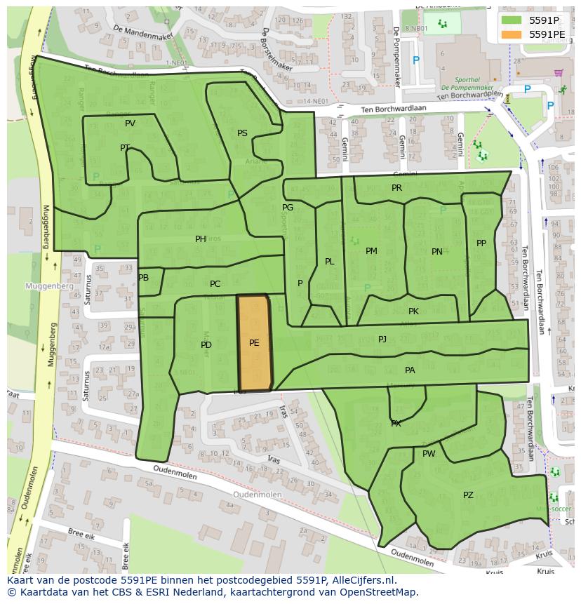 Afbeelding van het postcodegebied 5591 PE op de kaart.