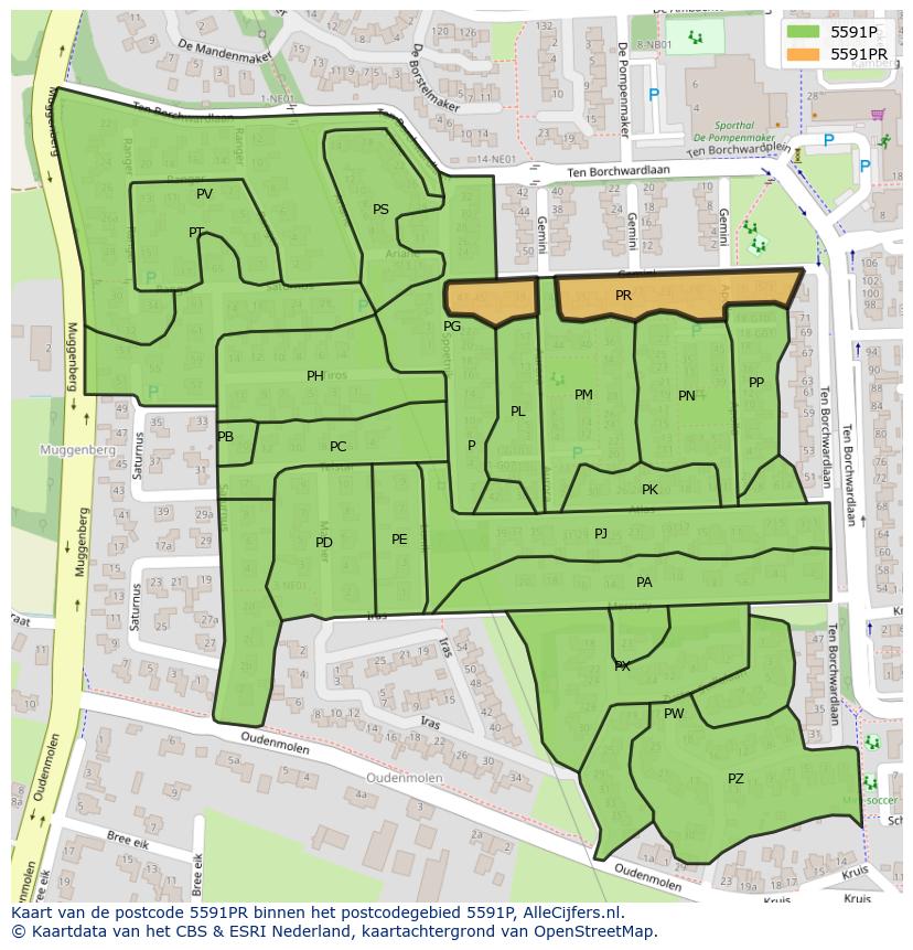 Afbeelding van het postcodegebied 5591 PR op de kaart.