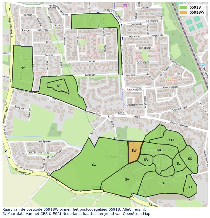 Afbeelding van het postcodegebied 5591 SW op de kaart.