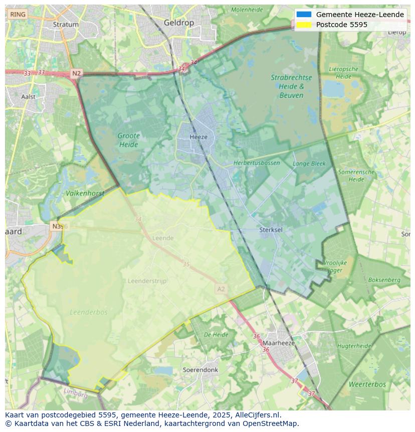 Afbeelding van het postcodegebied 5595 op de kaart.