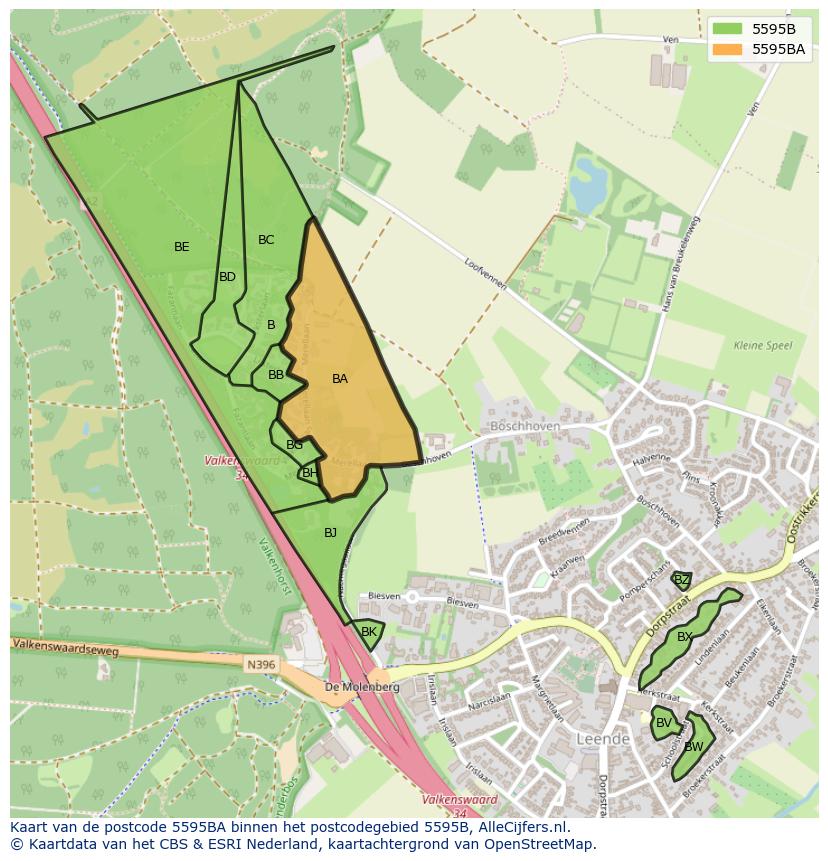Afbeelding van het postcodegebied 5595 BA op de kaart.