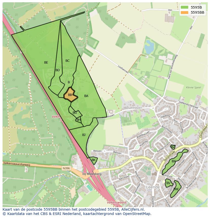 Afbeelding van het postcodegebied 5595 BB op de kaart.