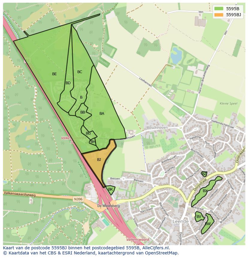 Afbeelding van het postcodegebied 5595 BJ op de kaart.