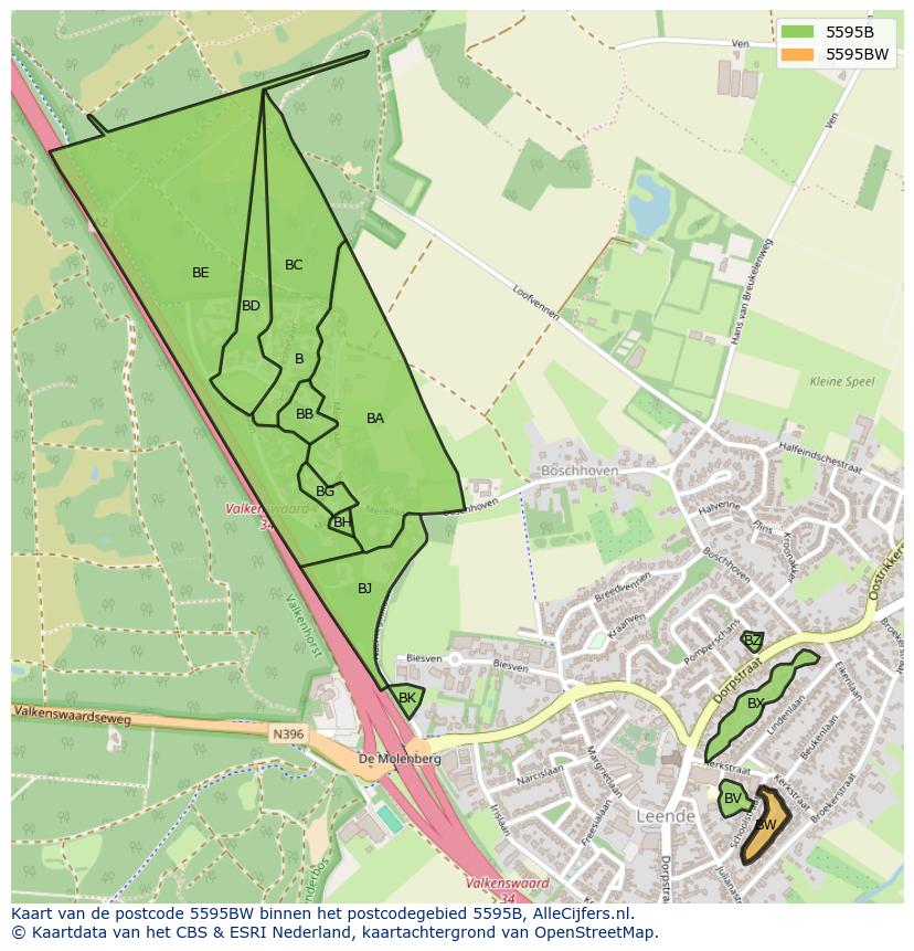 Afbeelding van het postcodegebied 5595 BW op de kaart.