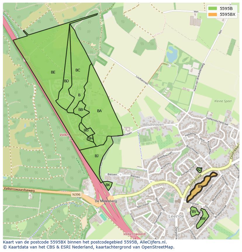 Afbeelding van het postcodegebied 5595 BX op de kaart.