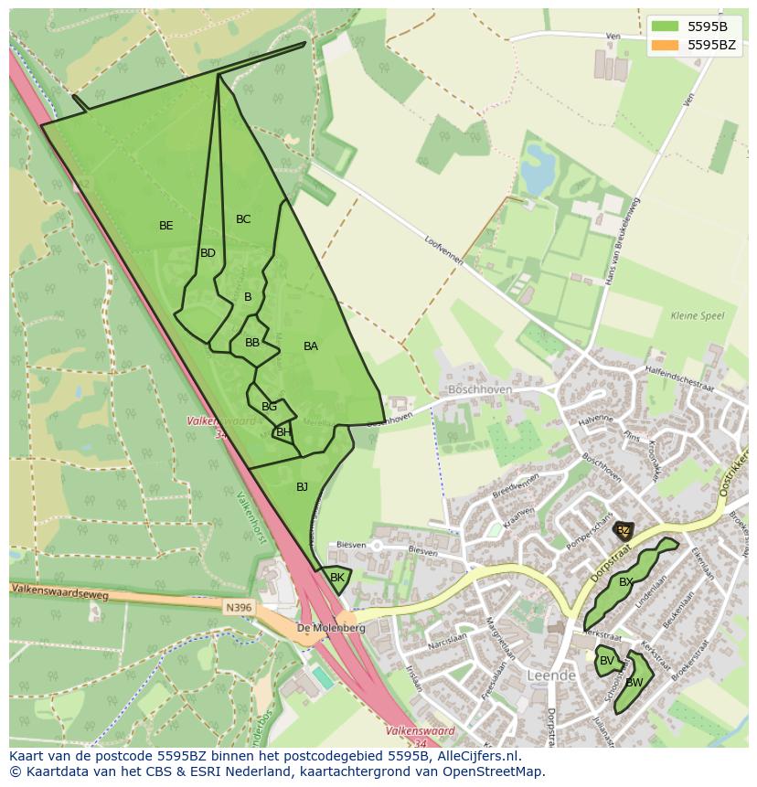 Afbeelding van het postcodegebied 5595 BZ op de kaart.