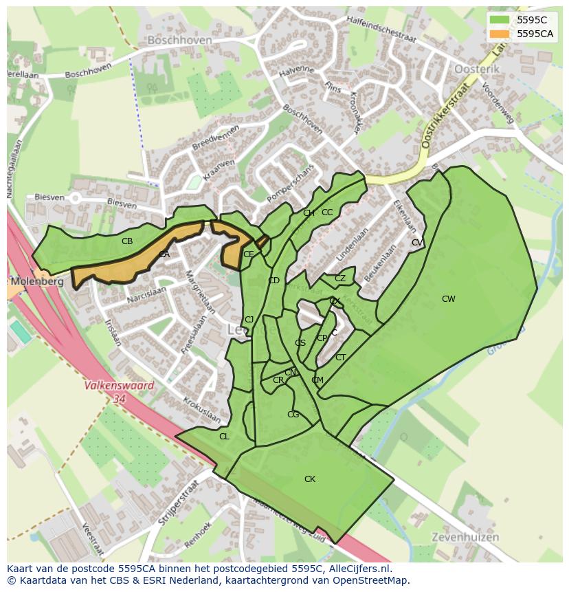 Afbeelding van het postcodegebied 5595 CA op de kaart.