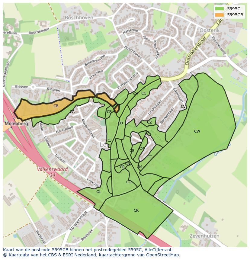 Afbeelding van het postcodegebied 5595 CB op de kaart.