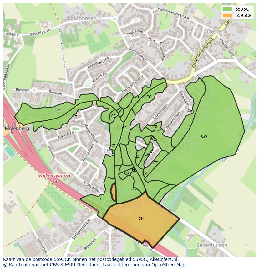 Afbeelding van het postcodegebied 5595 CK op de kaart.