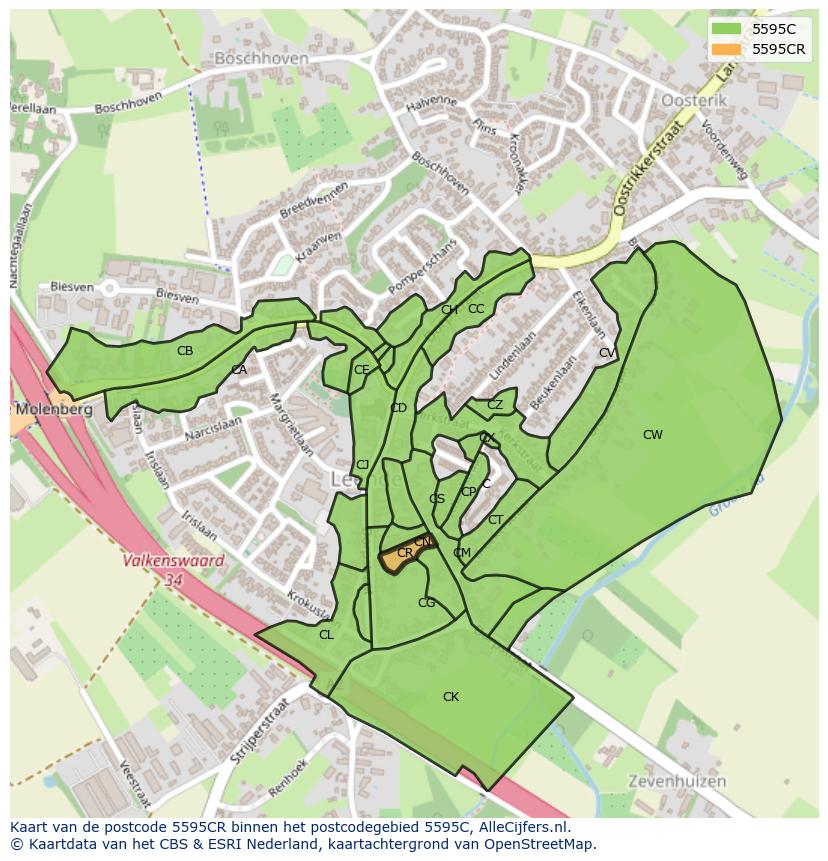 Afbeelding van het postcodegebied 5595 CR op de kaart.