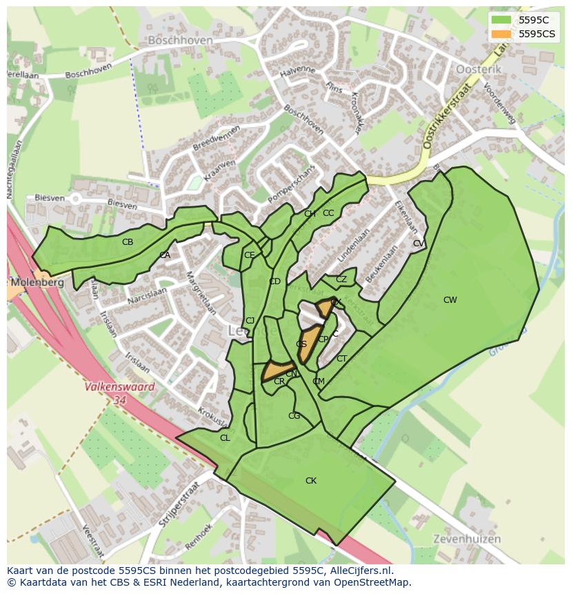 Afbeelding van het postcodegebied 5595 CS op de kaart.