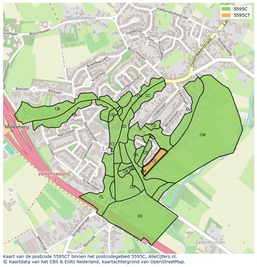 Afbeelding van het postcodegebied 5595 CT op de kaart.
