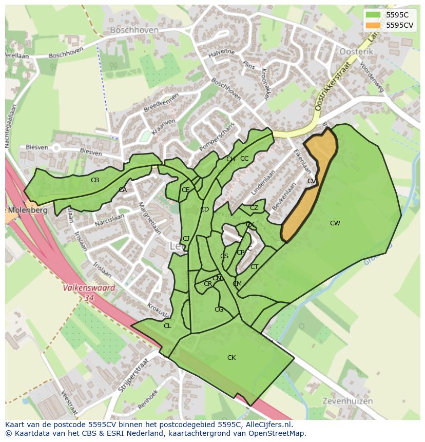 Afbeelding van het postcodegebied 5595 CV op de kaart.