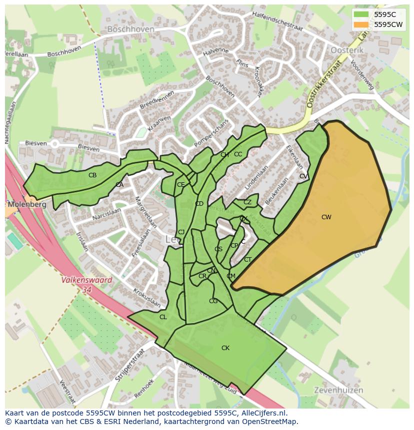 Afbeelding van het postcodegebied 5595 CW op de kaart.