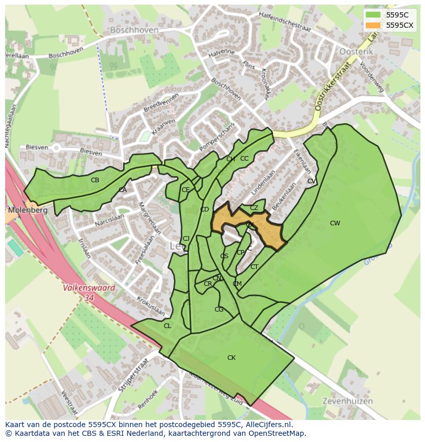 Afbeelding van het postcodegebied 5595 CX op de kaart.