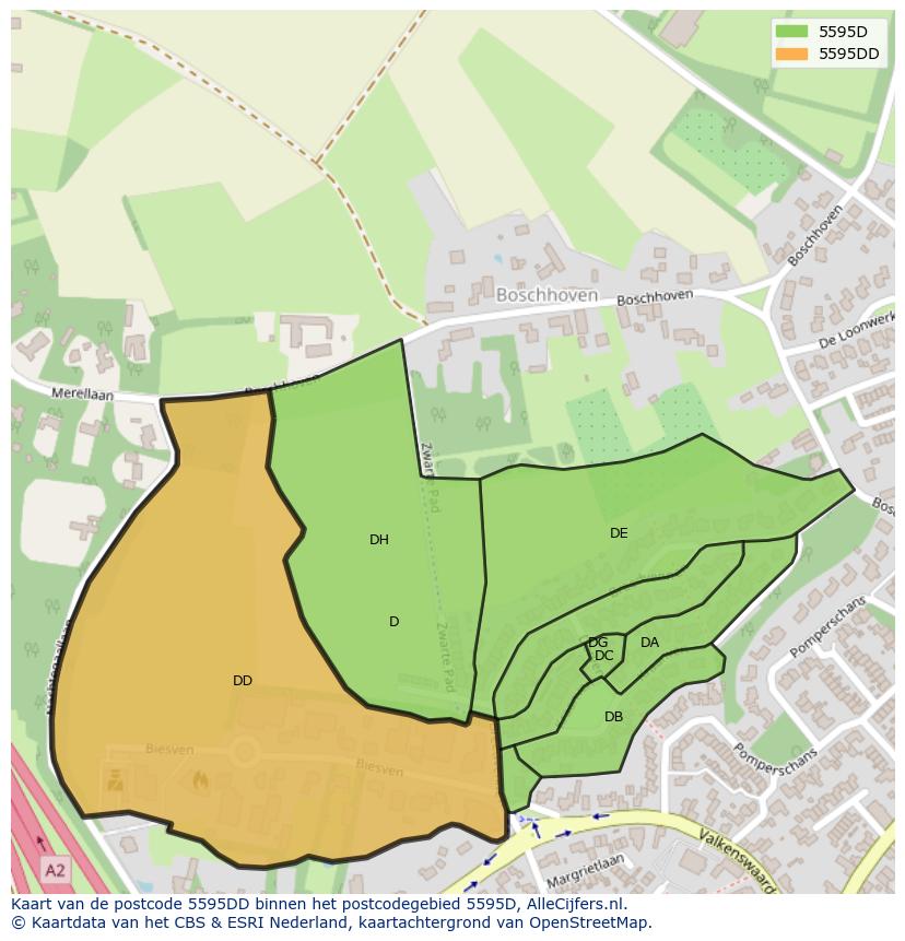 Afbeelding van het postcodegebied 5595 DD op de kaart.