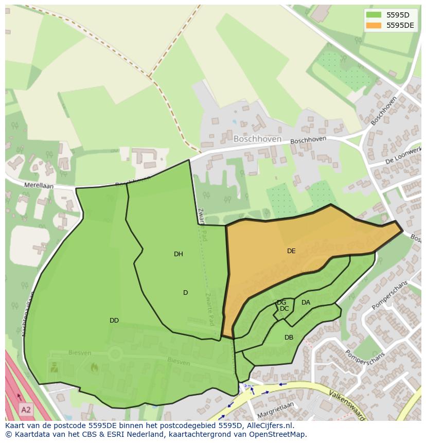 Afbeelding van het postcodegebied 5595 DE op de kaart.