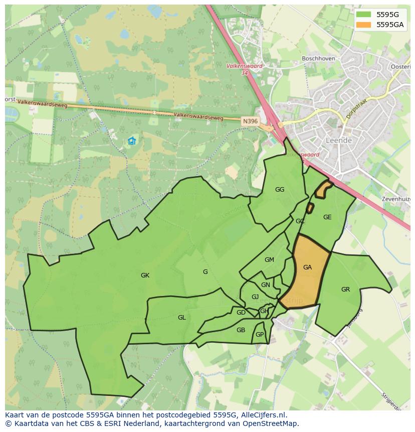 Afbeelding van het postcodegebied 5595 GA op de kaart.