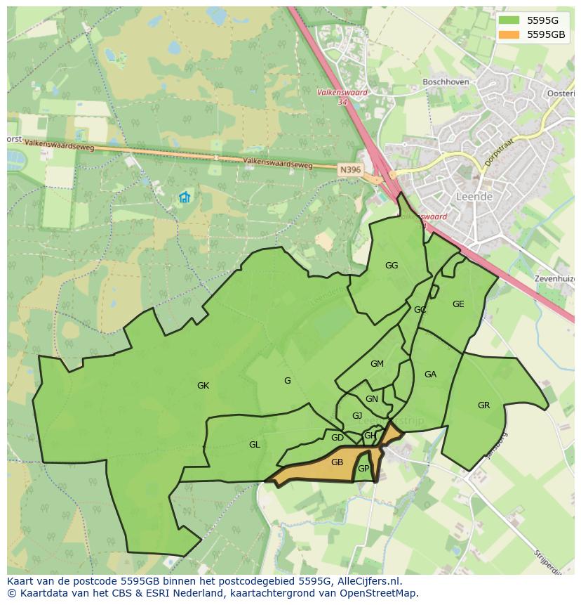 Afbeelding van het postcodegebied 5595 GB op de kaart.