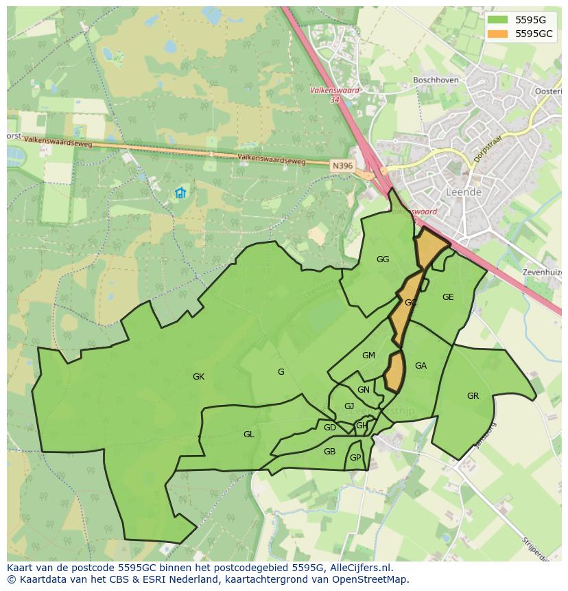 Afbeelding van het postcodegebied 5595 GC op de kaart.