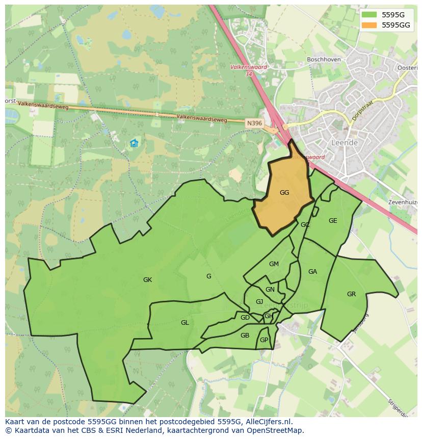 Afbeelding van het postcodegebied 5595 GG op de kaart.
