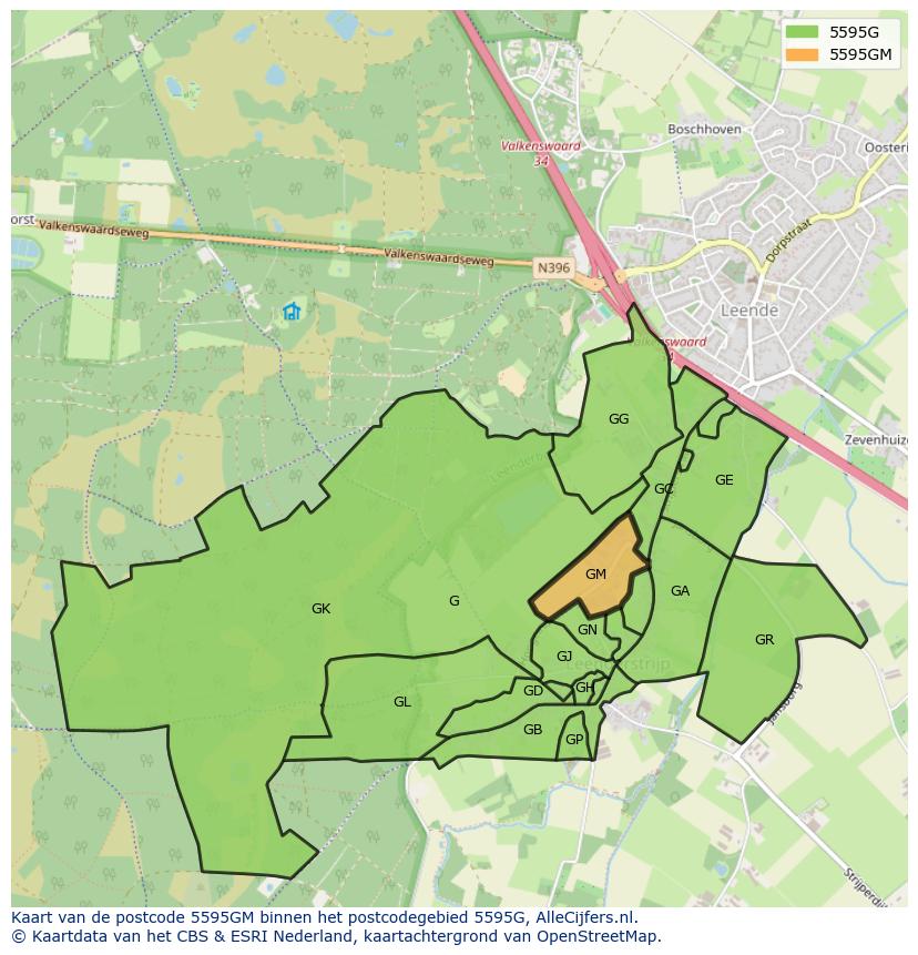 Afbeelding van het postcodegebied 5595 GM op de kaart.