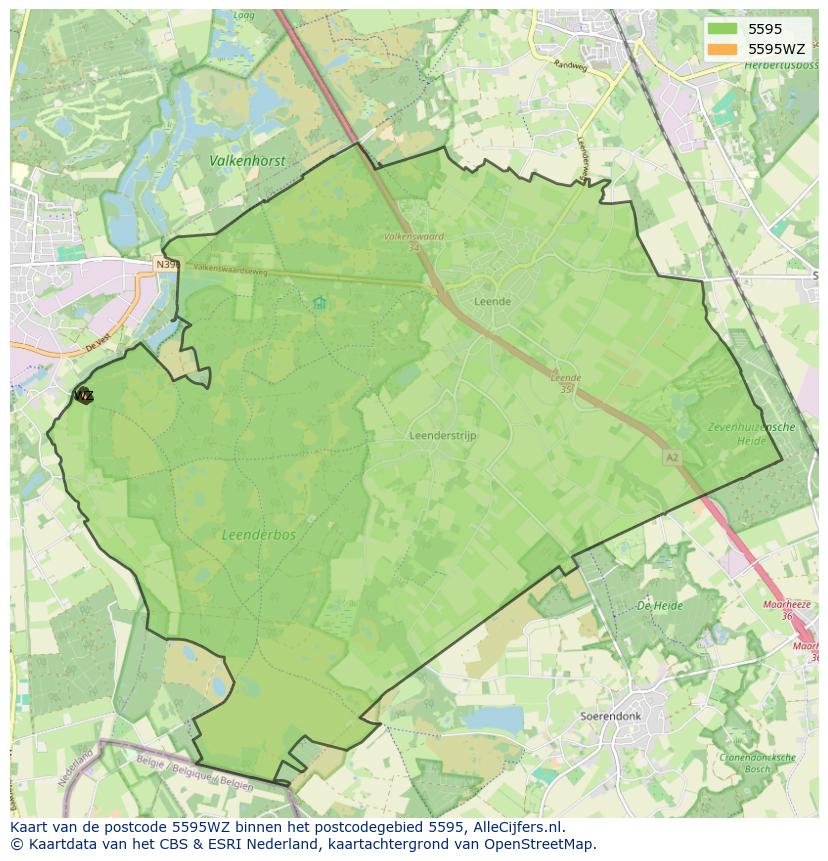 Afbeelding van het postcodegebied 5595 WZ op de kaart.
