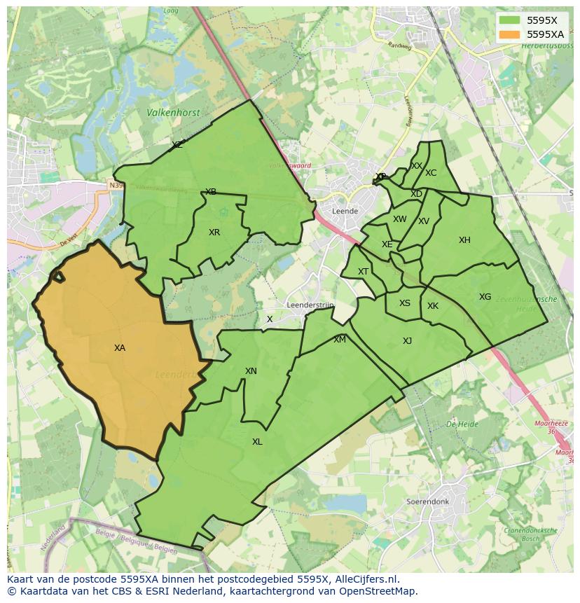 Afbeelding van het postcodegebied 5595 XA op de kaart.