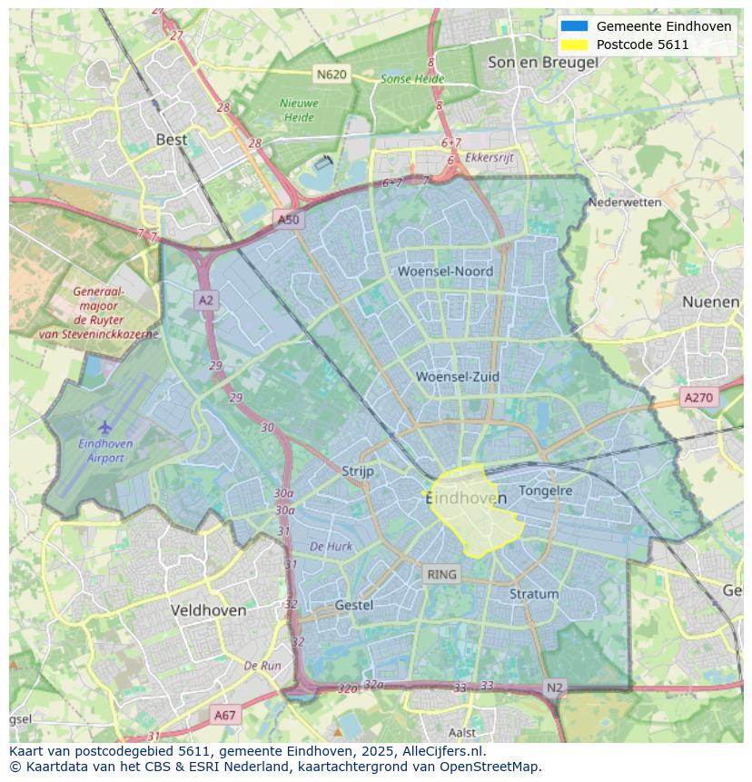 Afbeelding van het postcodegebied 5611 op de kaart.