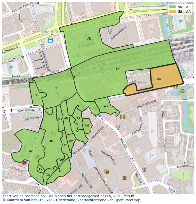 Afbeelding van het postcodegebied 5611 AA op de kaart.