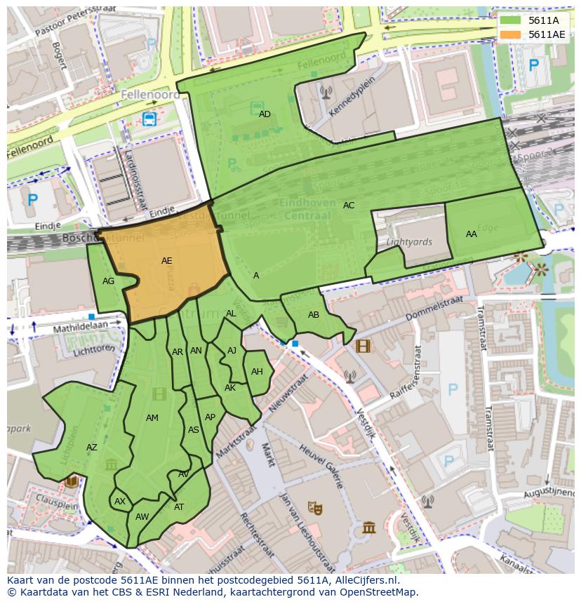 Afbeelding van het postcodegebied 5611 AE op de kaart.
