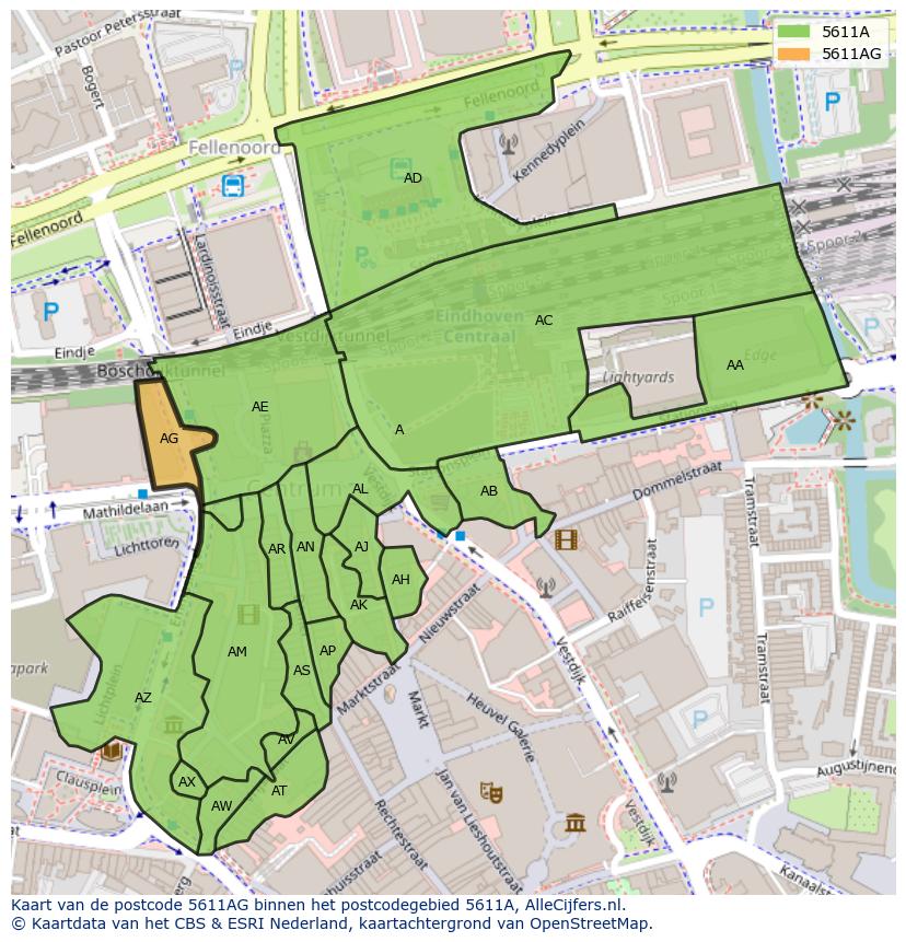 Afbeelding van het postcodegebied 5611 AG op de kaart.