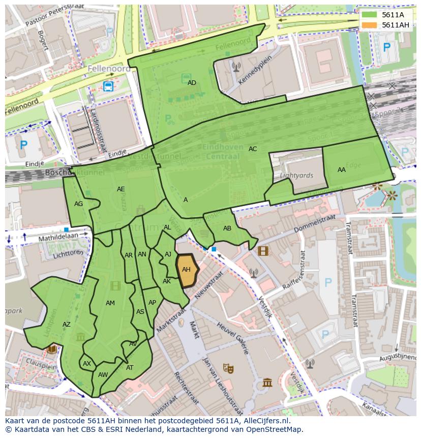 Afbeelding van het postcodegebied 5611 AH op de kaart.