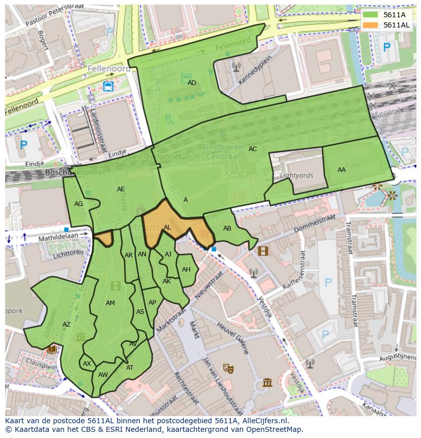 Afbeelding van het postcodegebied 5611 AL op de kaart.