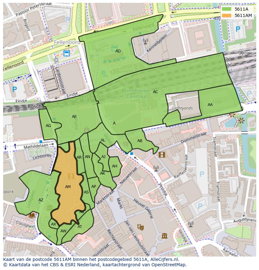 Afbeelding van het postcodegebied 5611 AM op de kaart.