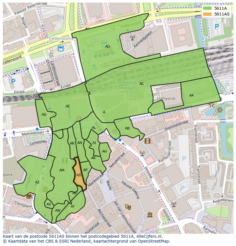 Afbeelding van het postcodegebied 5611 AS op de kaart.
