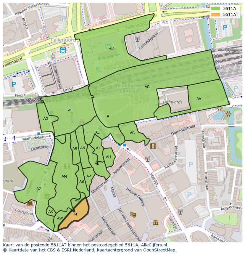 Afbeelding van het postcodegebied 5611 AT op de kaart.