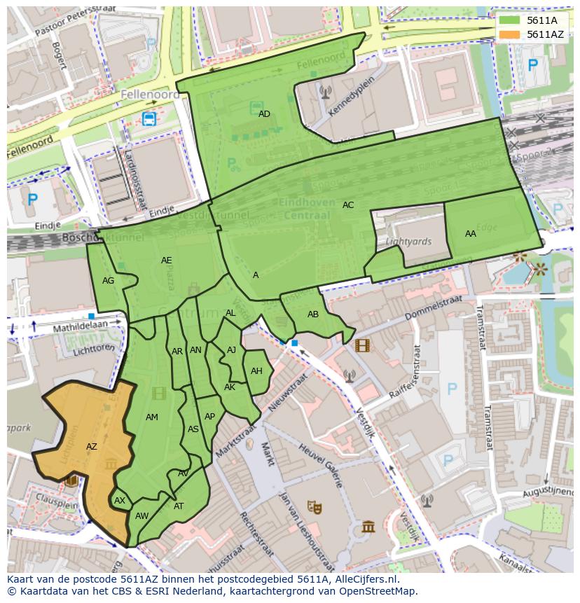 Afbeelding van het postcodegebied 5611 AZ op de kaart.