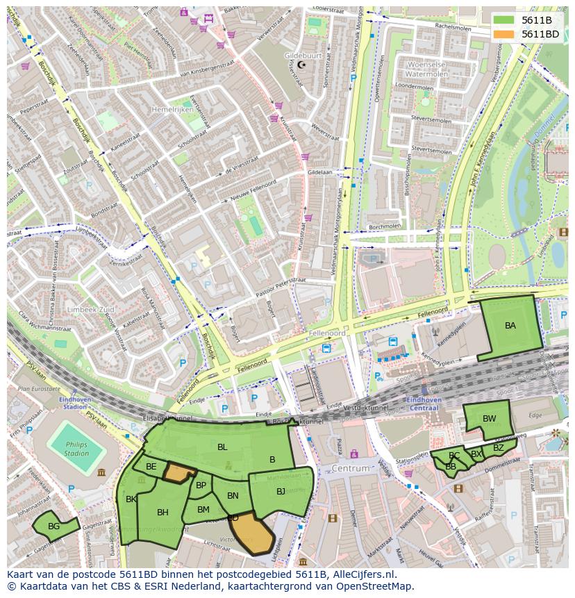 Afbeelding van het postcodegebied 5611 BD op de kaart.