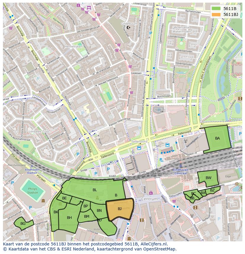 Afbeelding van het postcodegebied 5611 BJ op de kaart.